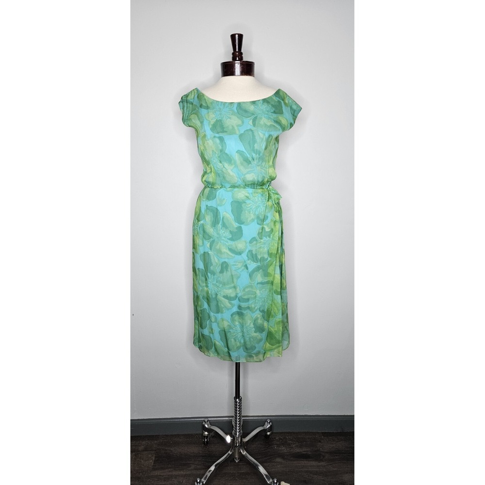 Vintage 60s Lee Claire NY Floral Chiffon Dress Green Blue Party S